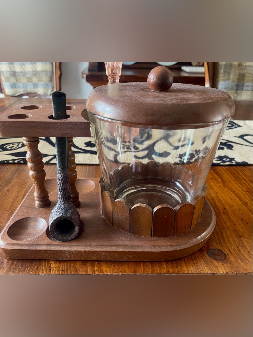 Vintage - Antique Walnut Wood  & Glass Pipe Stand & Humidor -w 1 Pipe
